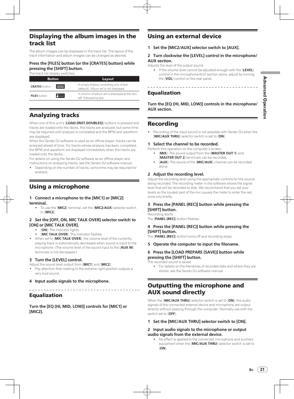 Displaying the album images in the track list, Analyzing tracks, Using a microphone | Using an external device, Recording, Outputting the microphone and aux sound directly | Pioneer DDJ-S1 User Manual | Page 21 / 26