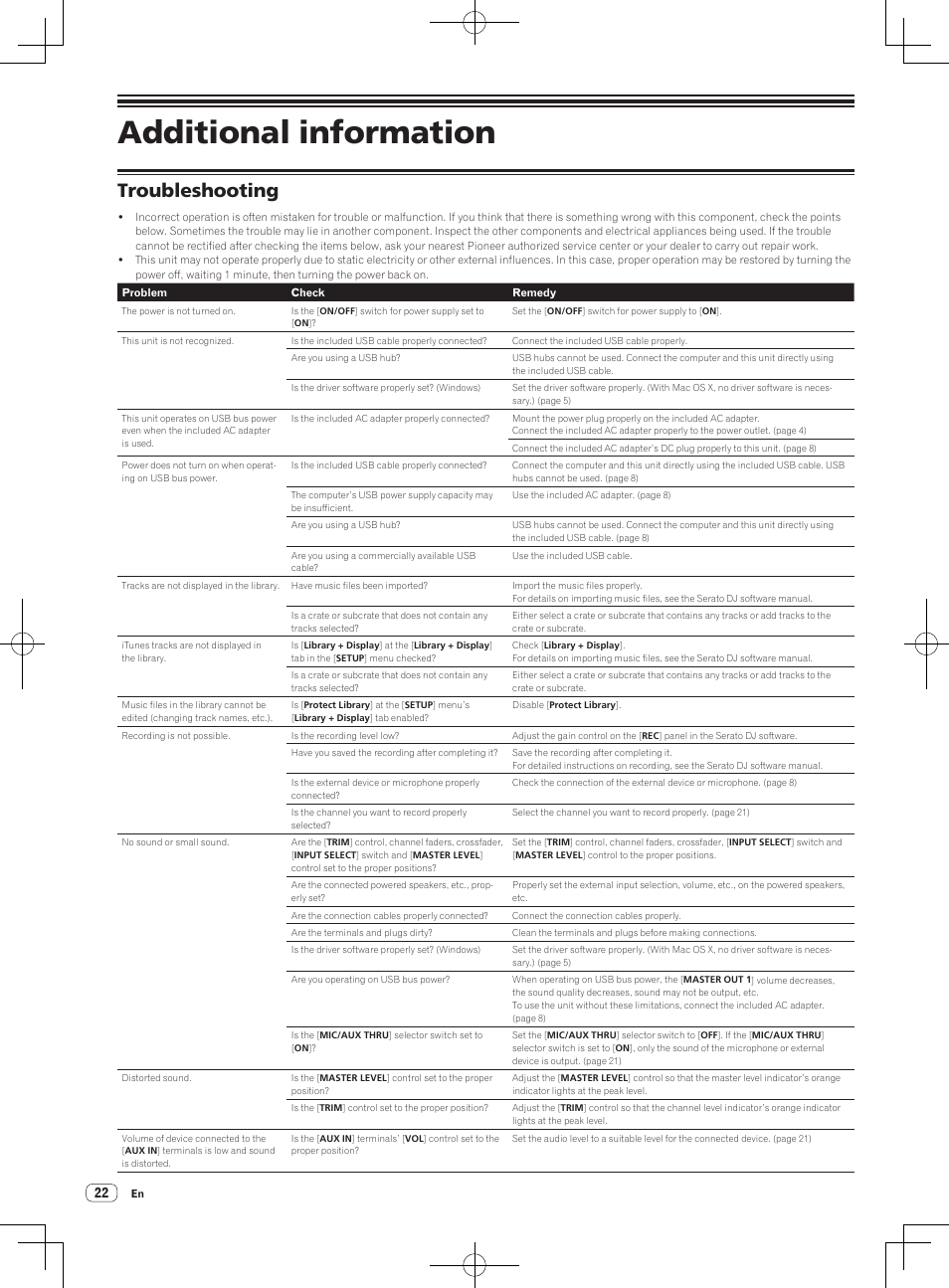Additional information, Troubleshooting | Pioneer DDJ-S1 User Manual | Page 22 / 26
