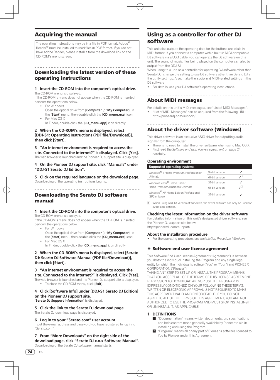 Acquiring the manual, Using as a controller for other dj software, Downloading the serato dj software manual | About midi messages, About the driver software (windows) | Pioneer DDJ-S1 User Manual | Page 24 / 26