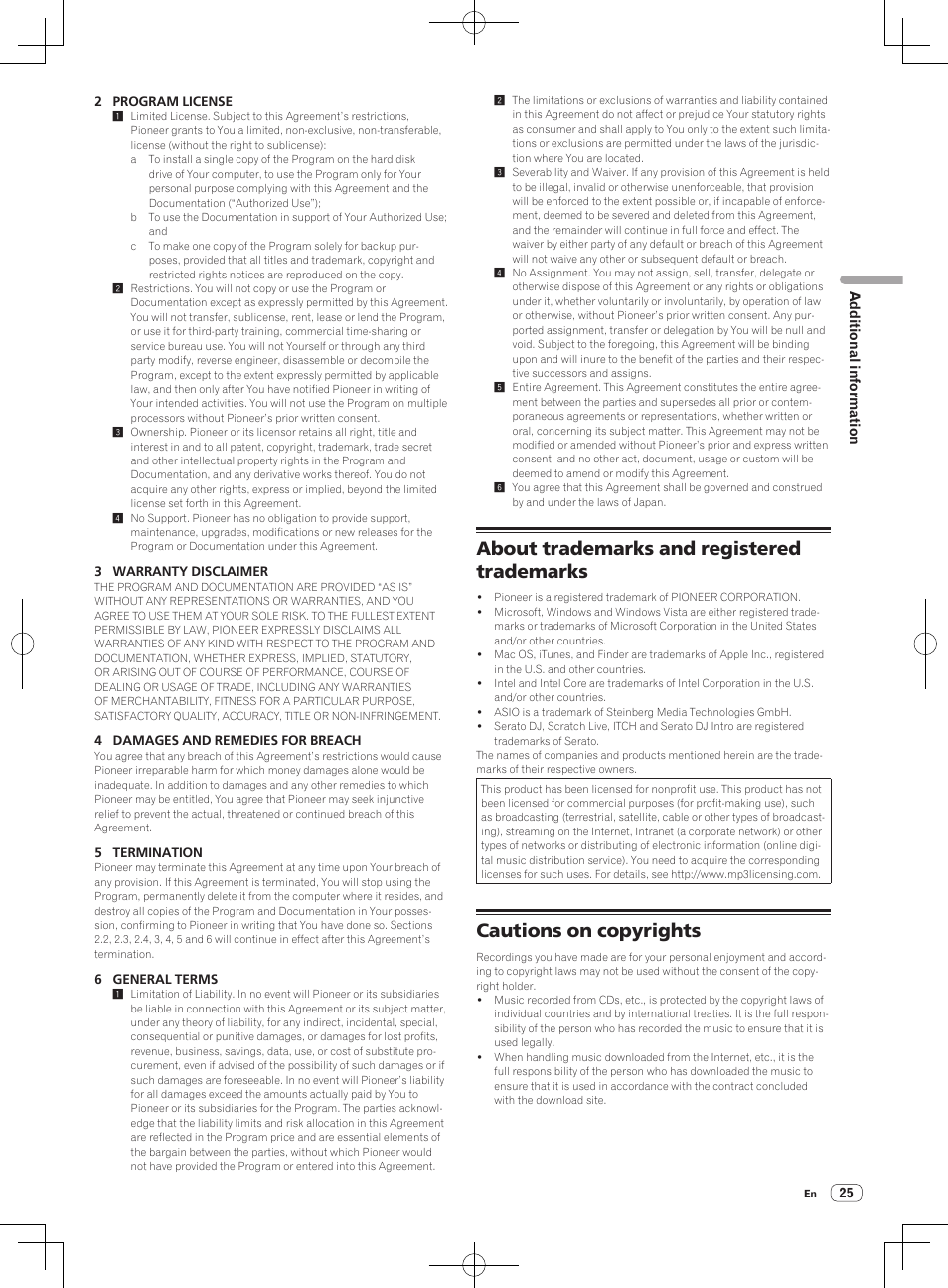 About trademarks and registered trademarks, Cautions on copyrights | Pioneer DDJ-S1 User Manual | Page 25 / 26