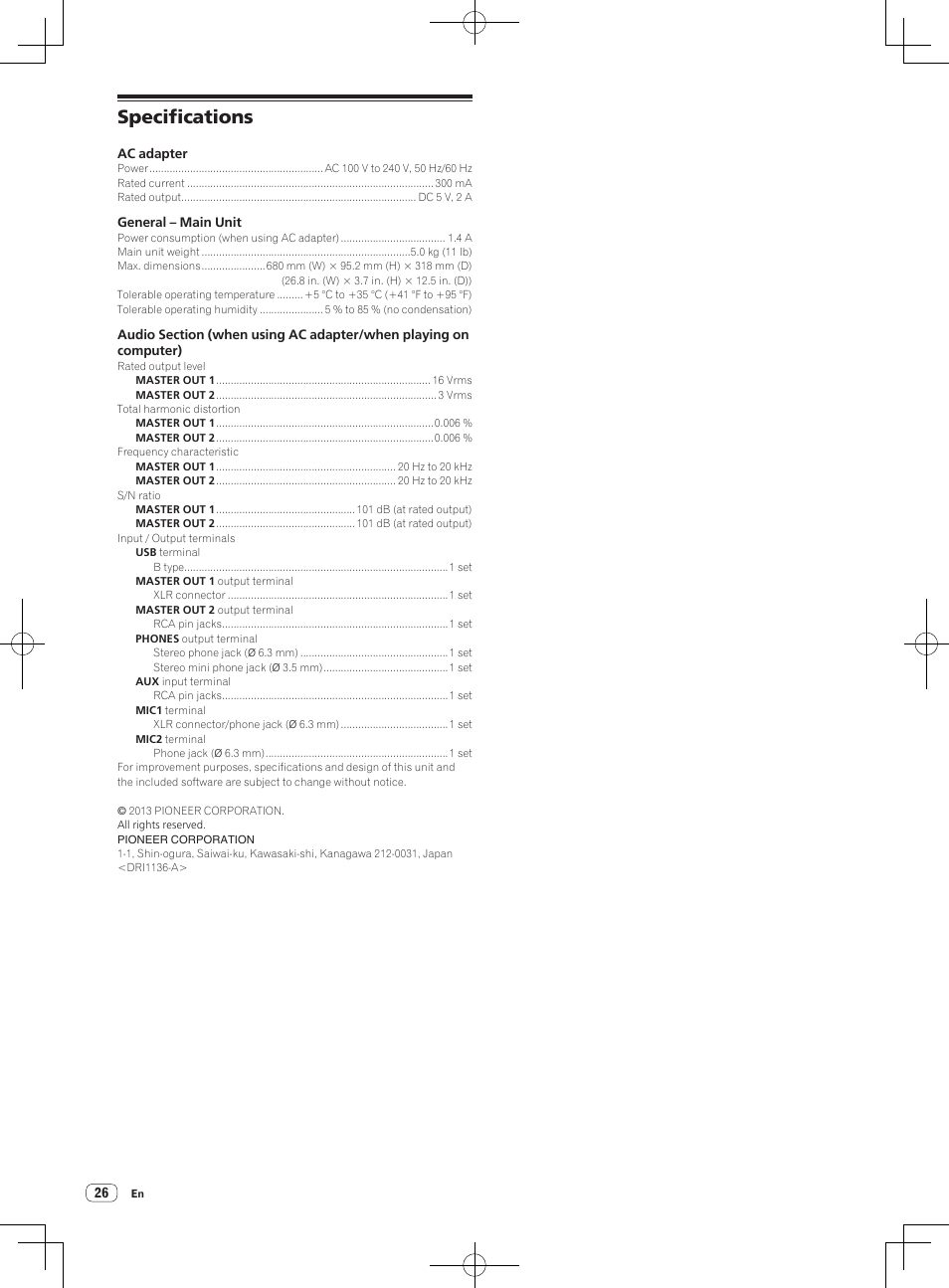 Specifications | Pioneer DDJ-S1 User Manual | Page 26 / 26