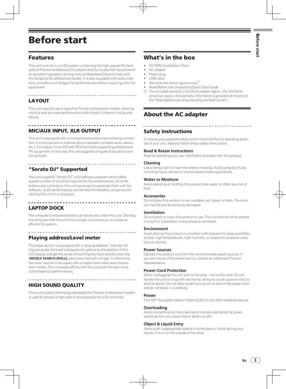 Before start, Features, What’s in the box | About the ac adapter, Features what’s in the box about the ac adapter | Pioneer DDJ-S1 User Manual | Page 3 / 26