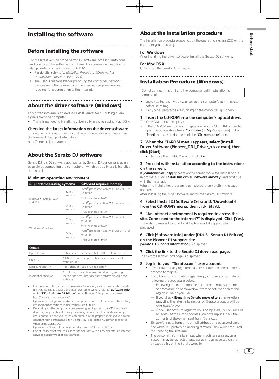 Installing the software, Before installing the software, About the driver software (windows) | About the serato dj software, About the installation procedure, Installation procedure (windows) | Pioneer DDJ-S1 User Manual | Page 5 / 26