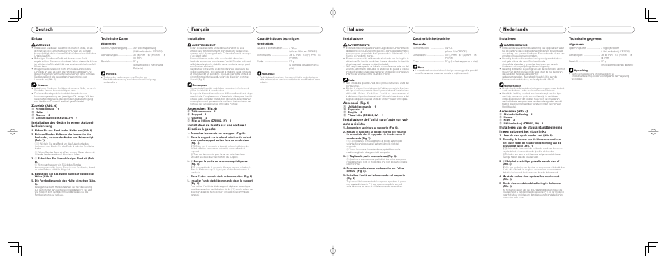 Deutsch, Français, Italiano | Nederlands, Einbau, Zubehör (abb. 4), Technische daten, Installation, Accessoires (fig. 4), Caractéristiques techniques | Pioneer CD-SR100 User Manual | Page 6 / 7