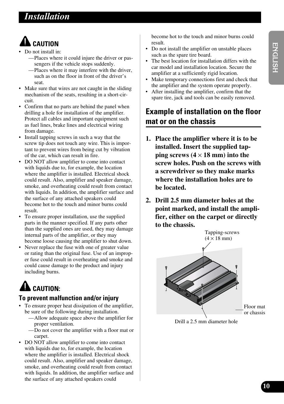 Installation, Example of installation on the floor mat, Or on the chassis | Pioneer GM-7100M User Manual | Page 11 / 73