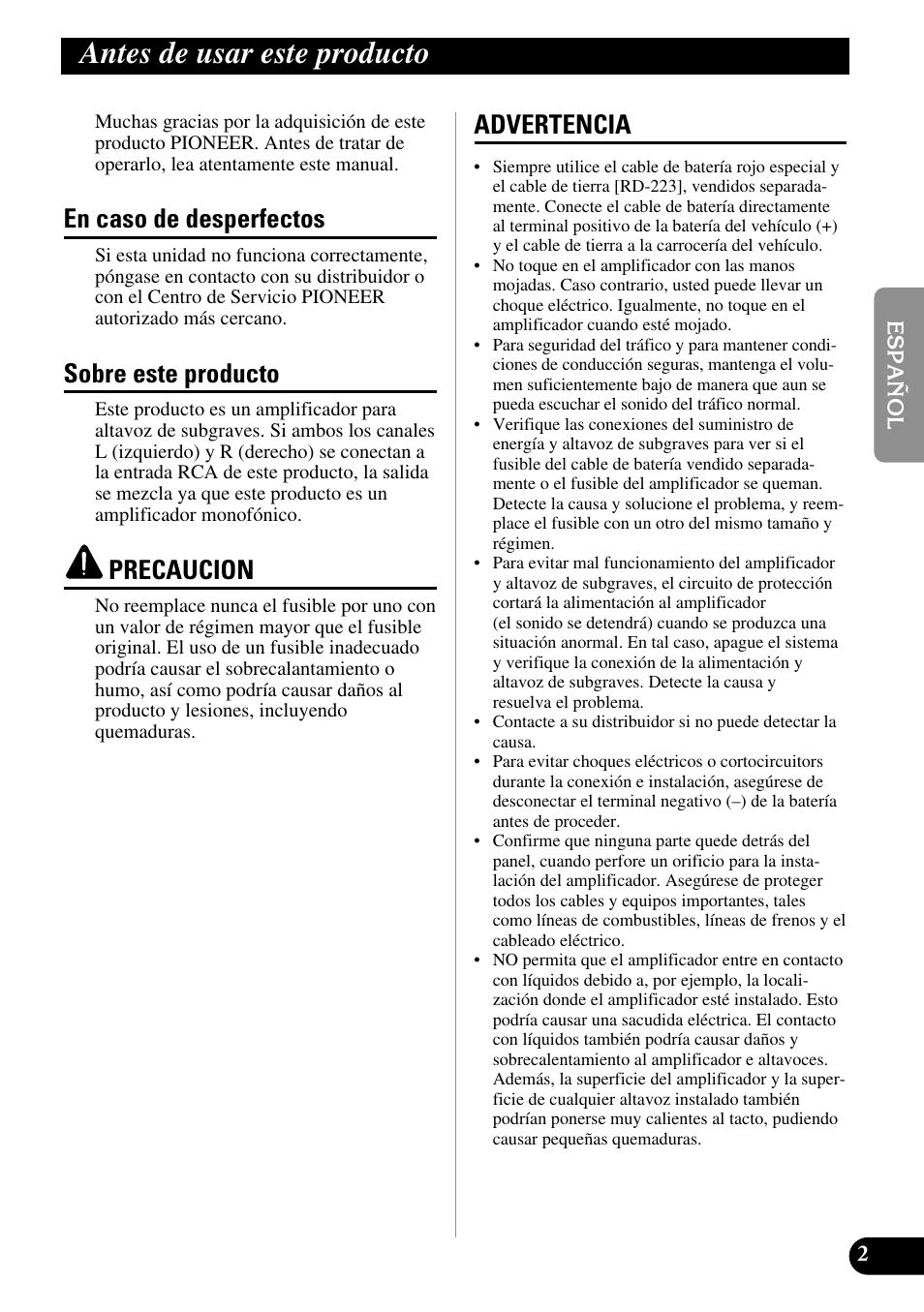 Antes de usar este producto, En caso de desperfectos, Sobre este producto | Precaucion, Advertencia | Pioneer GM-7100M User Manual | Page 15 / 73