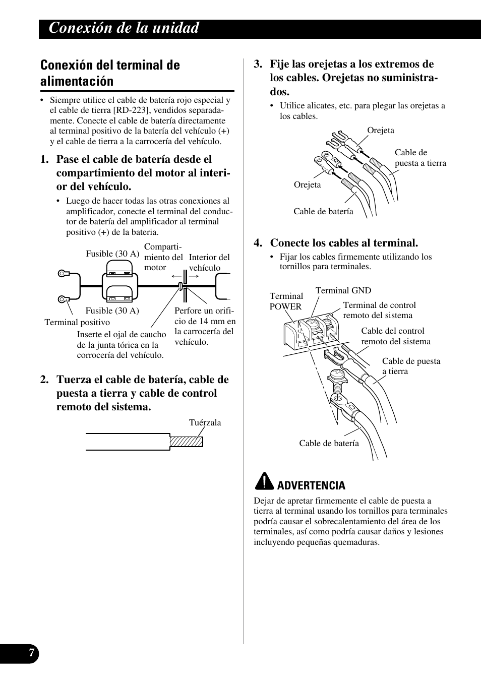 Conexión del terminal de alimentación, Conexión de la unidad | Pioneer GM-7100M User Manual | Page 20 / 73