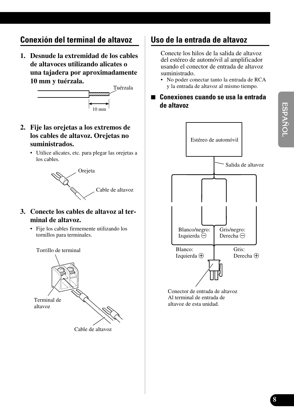 Conexión del terminal de altavoz, Uso de la entrada de altavoz | Pioneer GM-7100M User Manual | Page 21 / 73