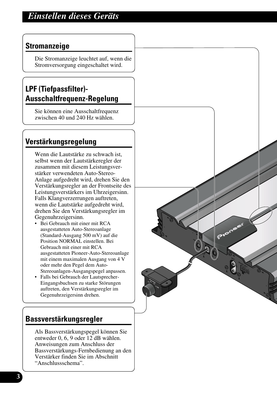 Einstellen dieses geräts, Regelung, Verstärkungsregelung bassverstärkungsregler | Verstärkungsregelung, Stromanzeige, Lpf (tiefpassfilter)- ausschaltfrequenz-regelung, Bassverstärkungsregler | Pioneer GM-7100M User Manual | Page 28 / 73