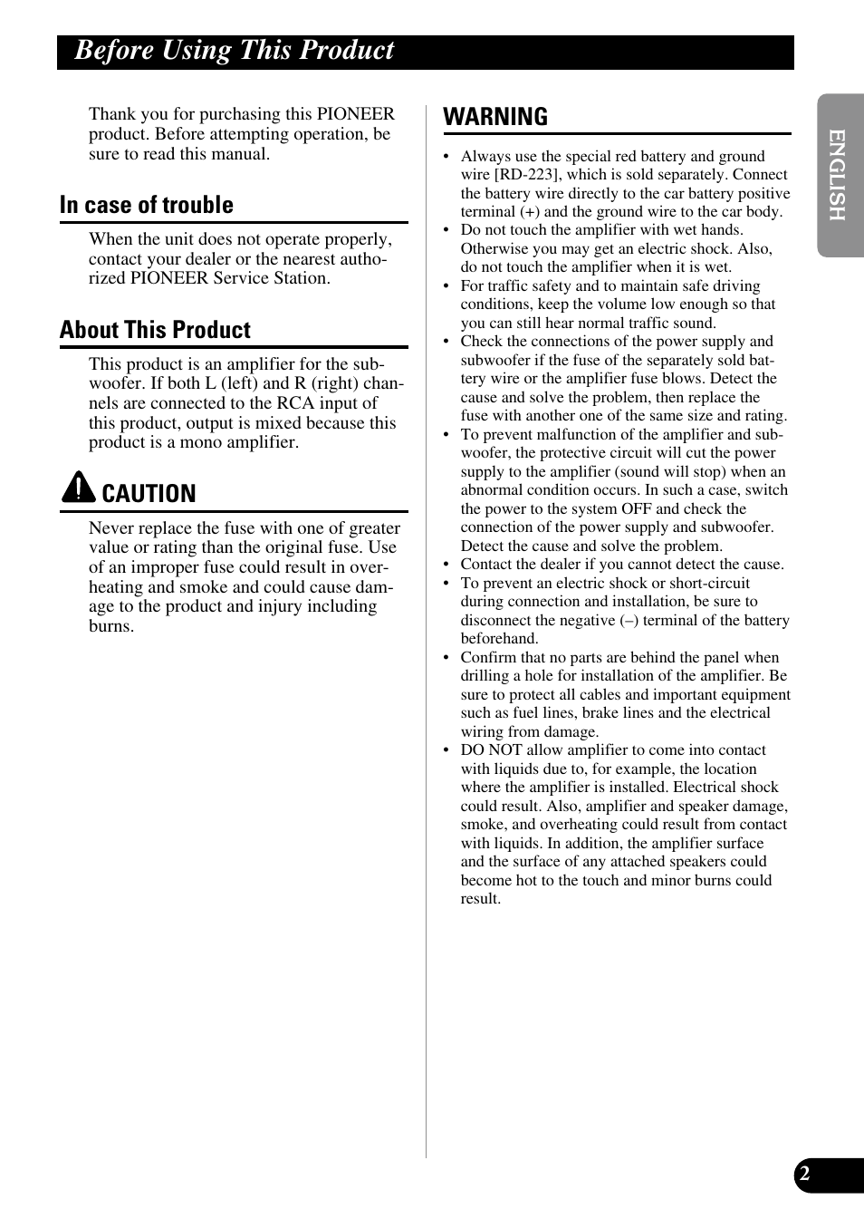 Before using this product, About this product, Caution | Warning | Pioneer GM-7100M User Manual | Page 3 / 73