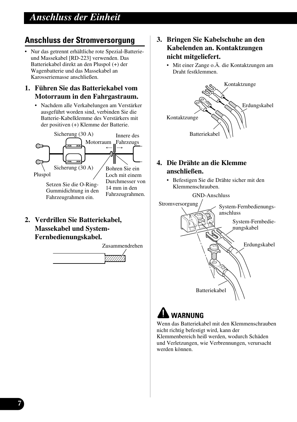 Anschluss der stromversorgung, Anschluss der einheit | Pioneer GM-7100M User Manual | Page 32 / 73