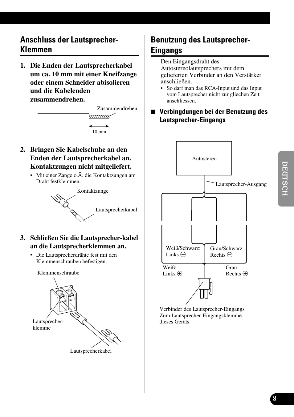 Anschluss der lautsprecher- klemmen, Benutzung des lautsprecher- eingangs | Pioneer GM-7100M User Manual | Page 33 / 73