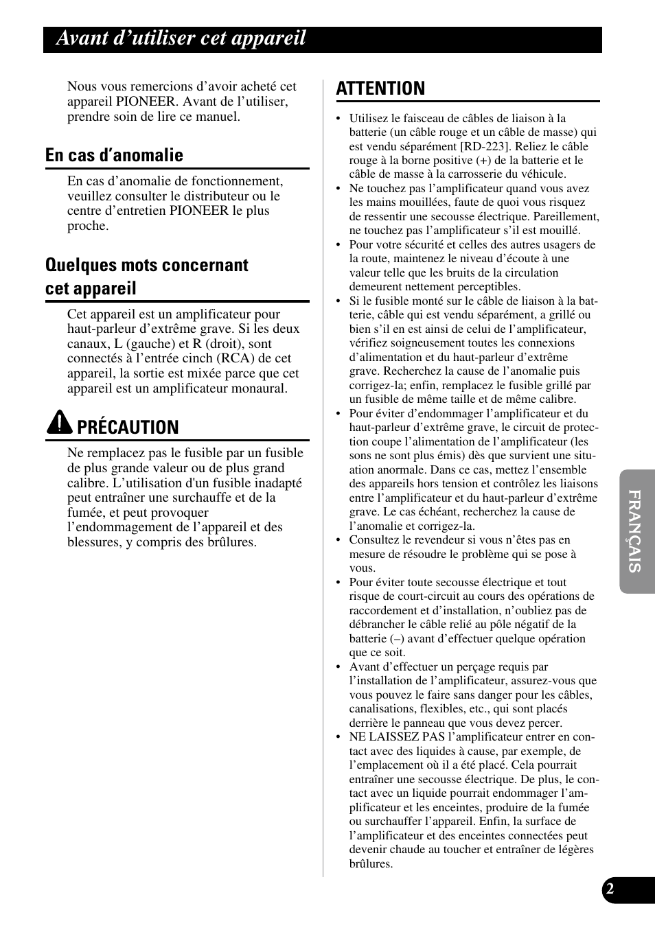 Avant d’utiliser cet appareil, En cas d’anomalie, Quelques mots concernant cet appareil | Précaution, Attention | Pioneer GM-7100M User Manual | Page 39 / 73