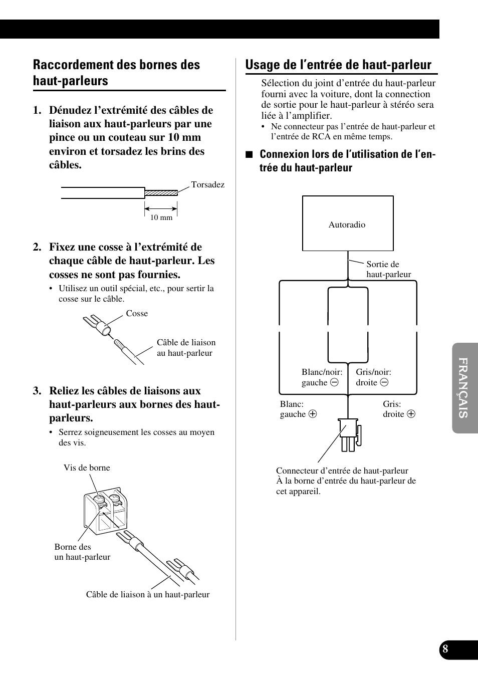 Raccordement des bornes des, Haut-parleurs, Usage de l’entrée de haut-parleur | Raccordement des bornes des haut-parleurs | Pioneer GM-7100M User Manual | Page 45 / 73