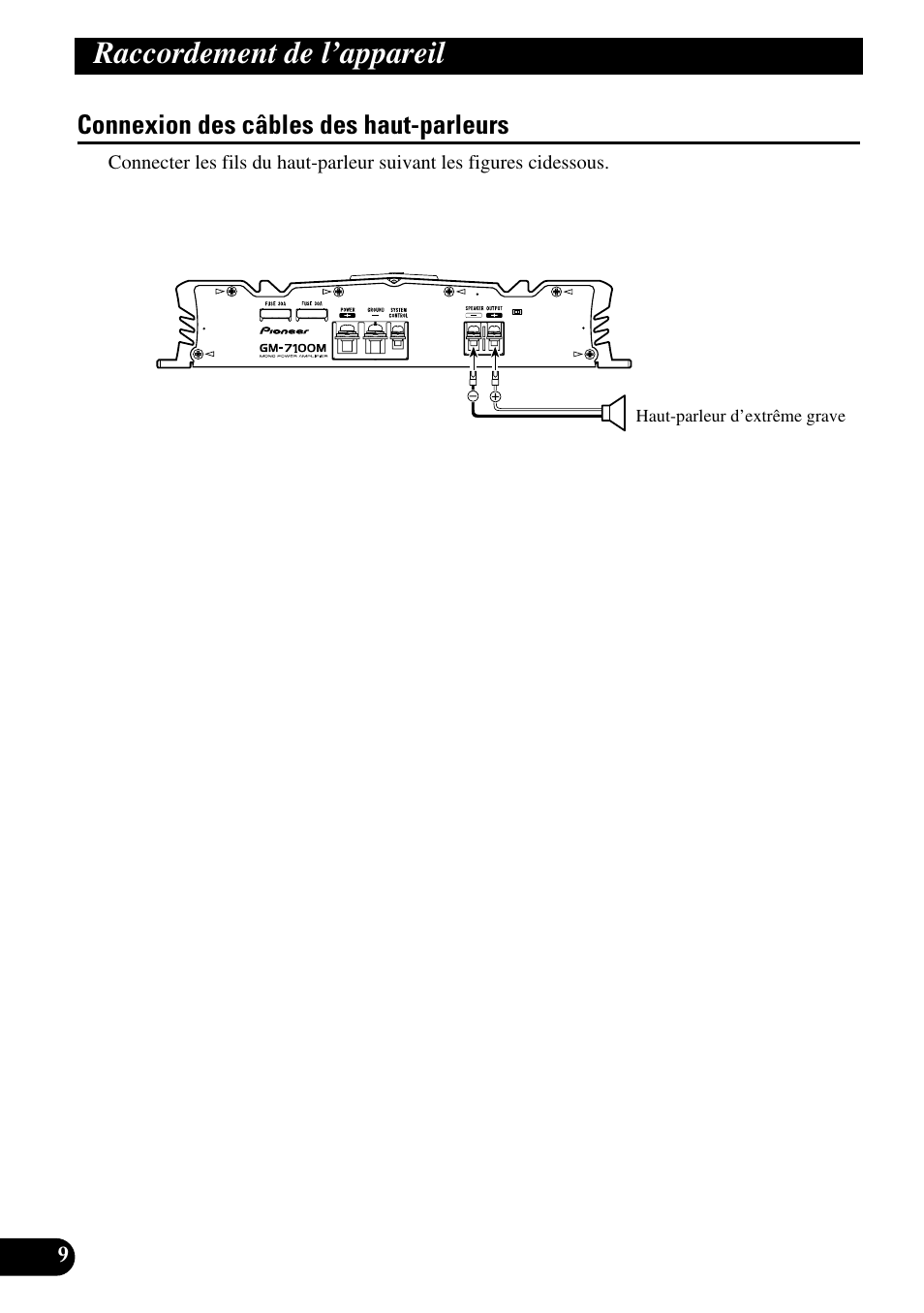 Connexion des câbles des haut-parleurs, Raccordement de l’appareil | Pioneer GM-7100M User Manual | Page 46 / 73