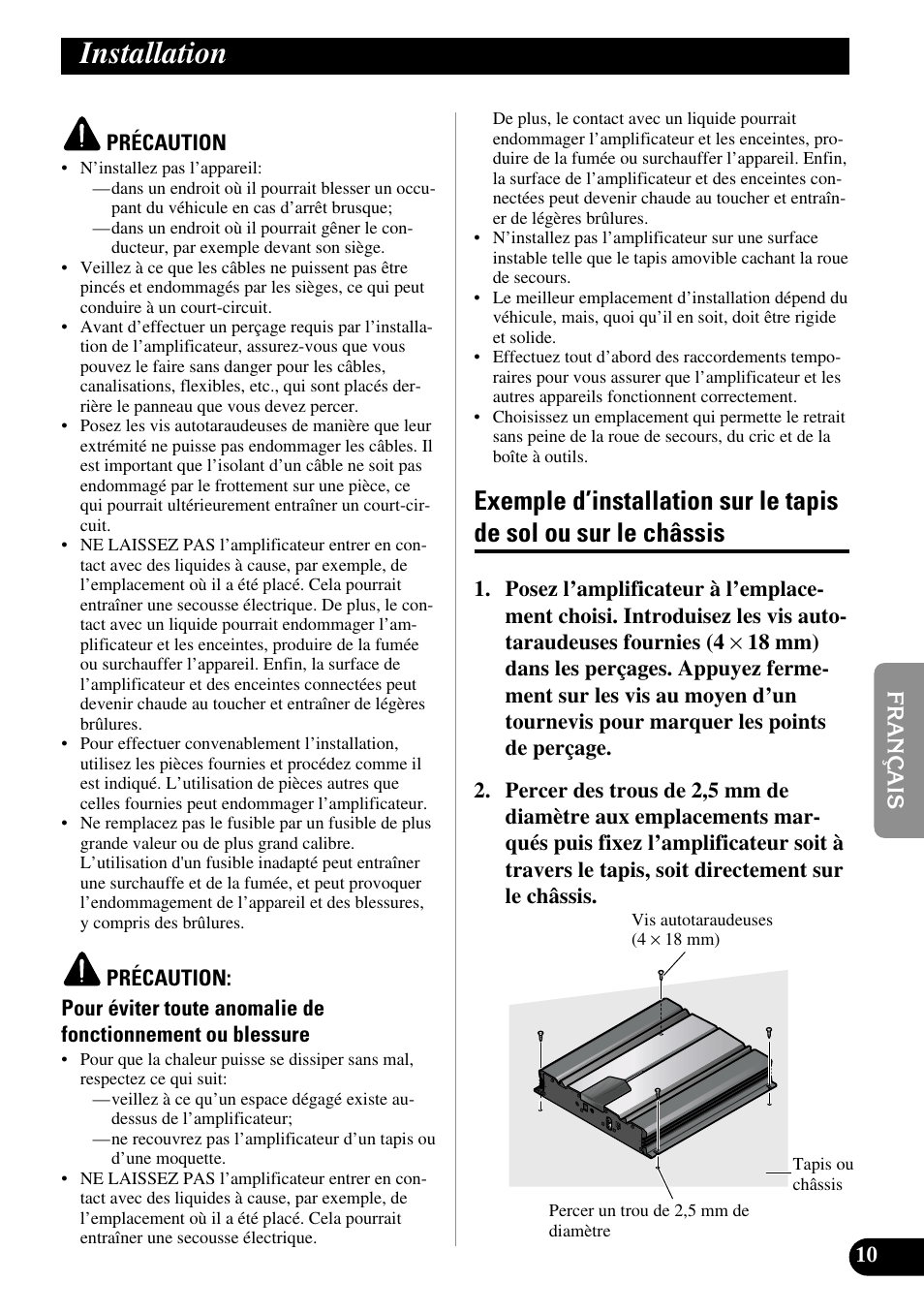 Installation, Exemple d’installation sur le tapis de sol, Ou sur le châssis | Pioneer GM-7100M User Manual | Page 47 / 73