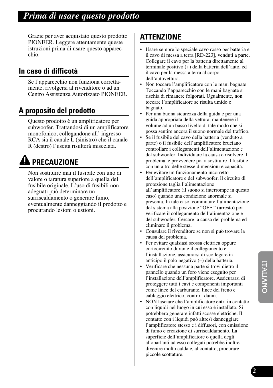 Prima di usare questo prodotto, A proposito del prodotto, Precauzione | Attenzione | Pioneer GM-7100M User Manual | Page 51 / 73