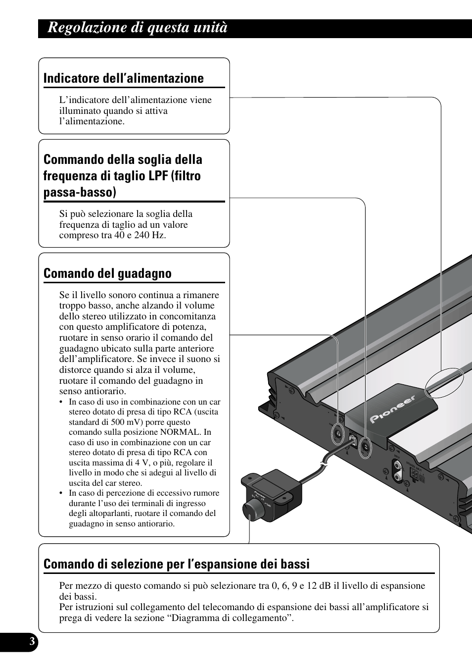 Regolazione di questa unità, Di taglio lpf (filtro passa-basso), Comando del guadagno comando di selezione per | L’espansione dei bassi, Comando del guadagno, Indicatore dell’alimentazione, Comando di selezione per l’espansione dei bassi | Pioneer GM-7100M User Manual | Page 52 / 73