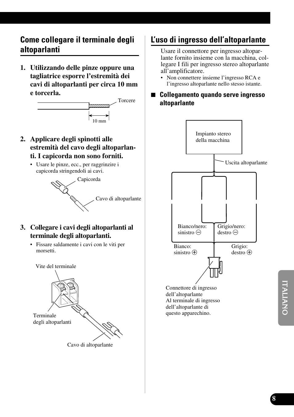 Come collegare il terminale degli, Altoparlanti, L’uso di ingresso dell’altoparlante | Come collegare il terminale degli altoparlanti | Pioneer GM-7100M User Manual | Page 57 / 73