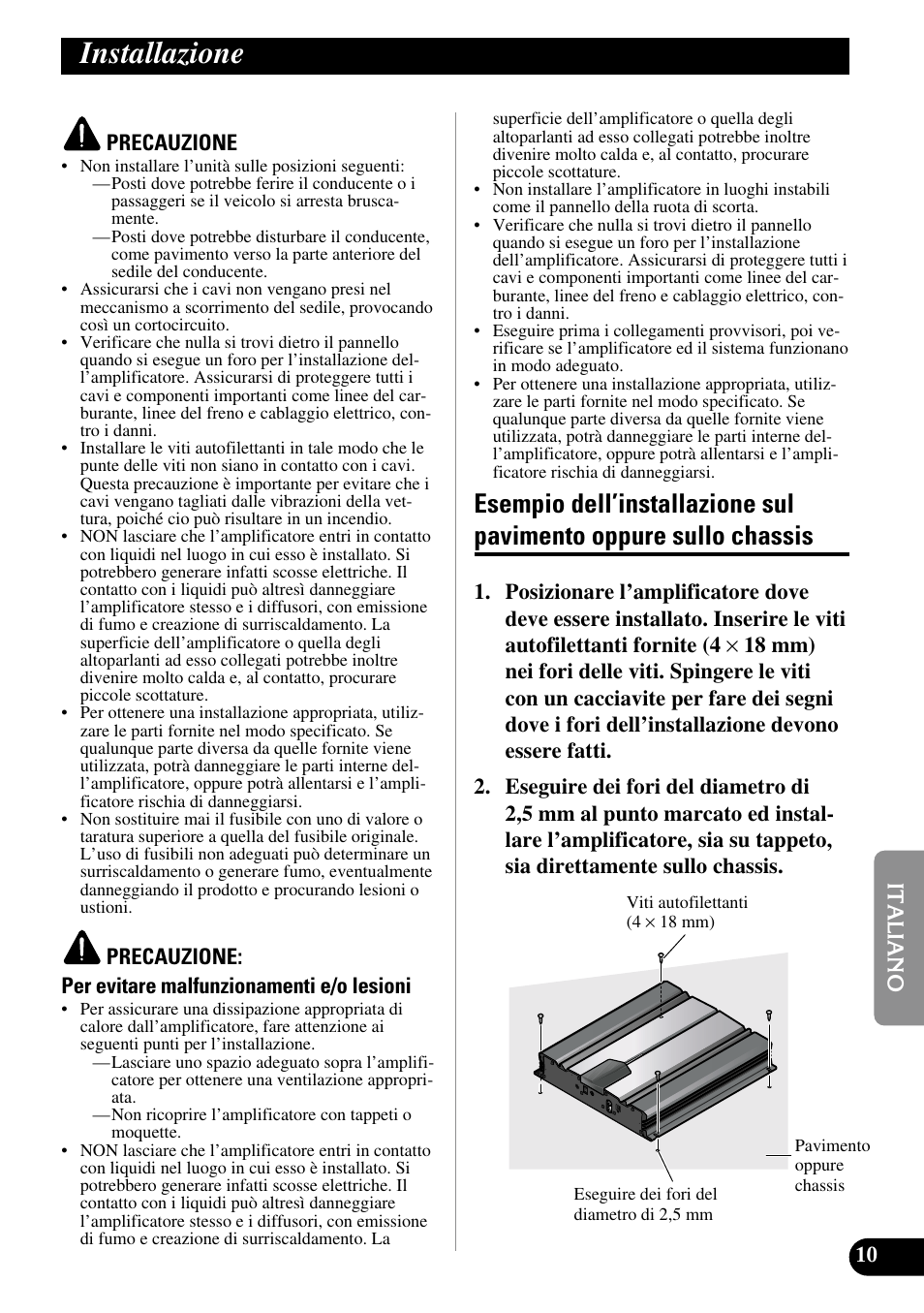 Installazione, Esempio dell’installazione sul pavimento, Oppure sullo chassis | Pioneer GM-7100M User Manual | Page 59 / 73