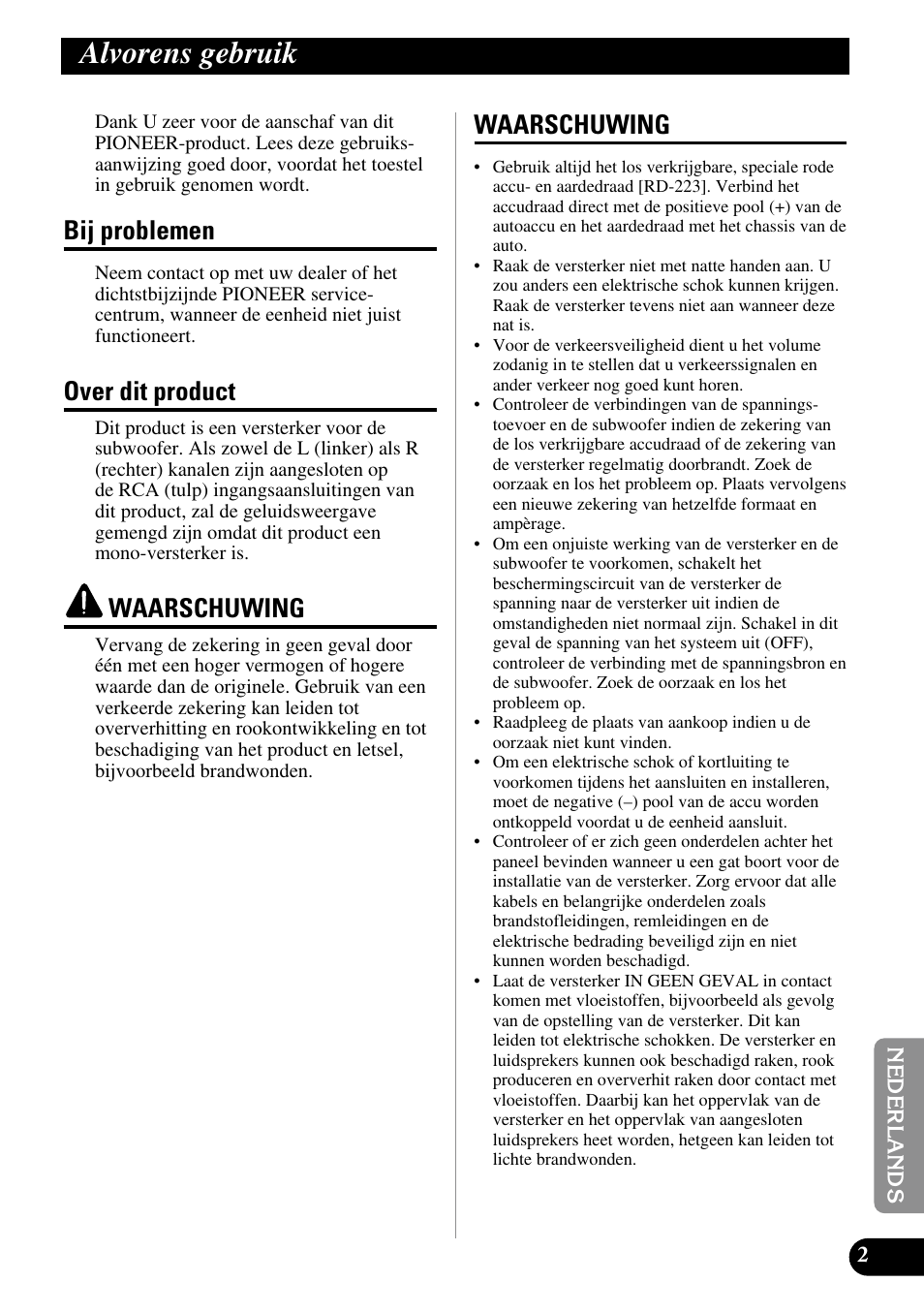 Alvorens gebruik, Bij problemen, Over dit product | Waarschuwing | Pioneer GM-7100M User Manual | Page 63 / 73