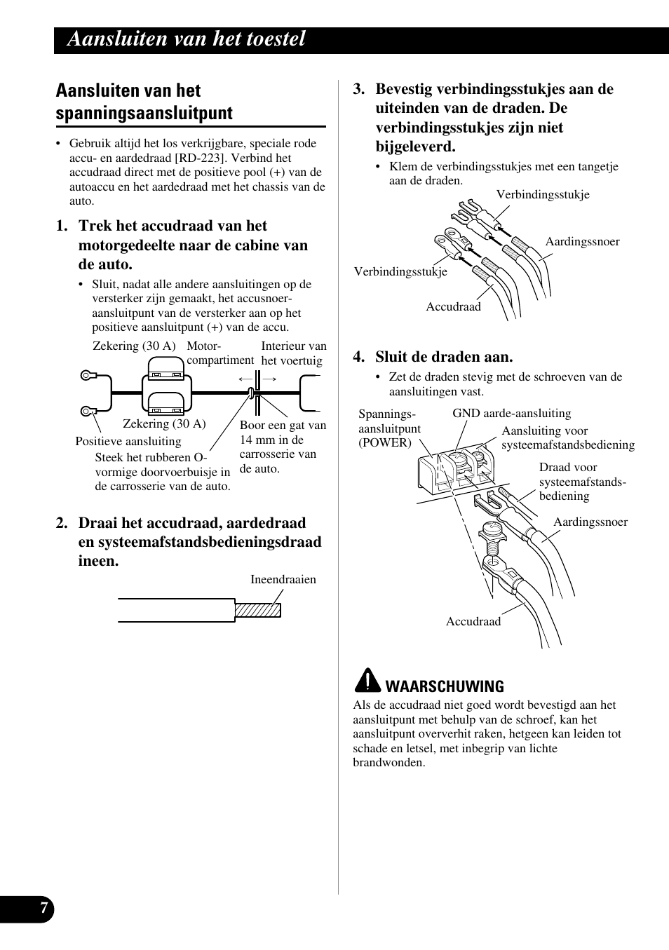 Aansluiten van het spanningsaansluitpunt, Aansluiten van het toestel | Pioneer GM-7100M User Manual | Page 68 / 73
