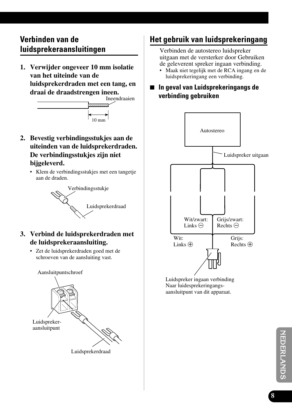 Verbinden van de luidsprekeraansluitingen, Het gebruik van luidsprekeringang | Pioneer GM-7100M User Manual | Page 69 / 73