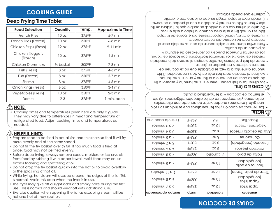 Cooking guide, Guiasde coccion, Deep frying time table | Aroma ADF-198 User Manual | Page 10 / 17