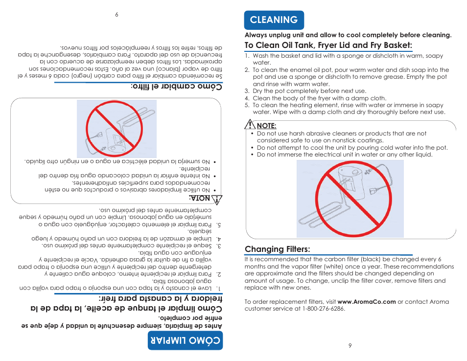 Cleaning, Cómolimpiar, Changing filters | Cómocambiar elfi ltro | Aroma ADF-198 User Manual | Page 11 / 17