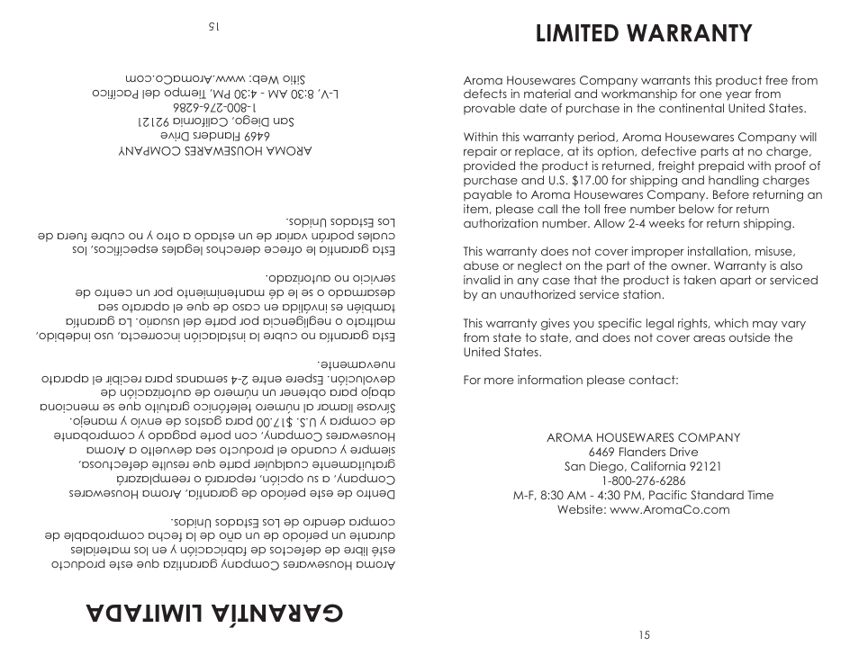 Limited warranty, Garantíalimitada | Aroma ADF-198 User Manual | Page 17 / 17