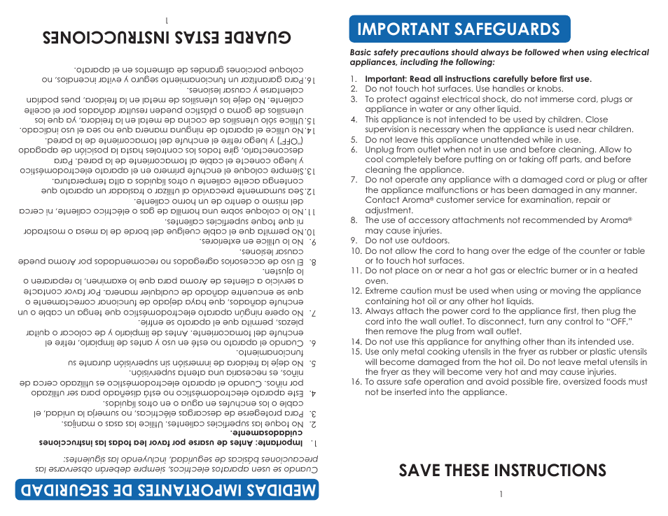 Important safeguards, Save these instructions, Gua rde est as in str uc cio nes | Medidasimportantes deseguridad | Aroma ADF-198 User Manual | Page 3 / 17