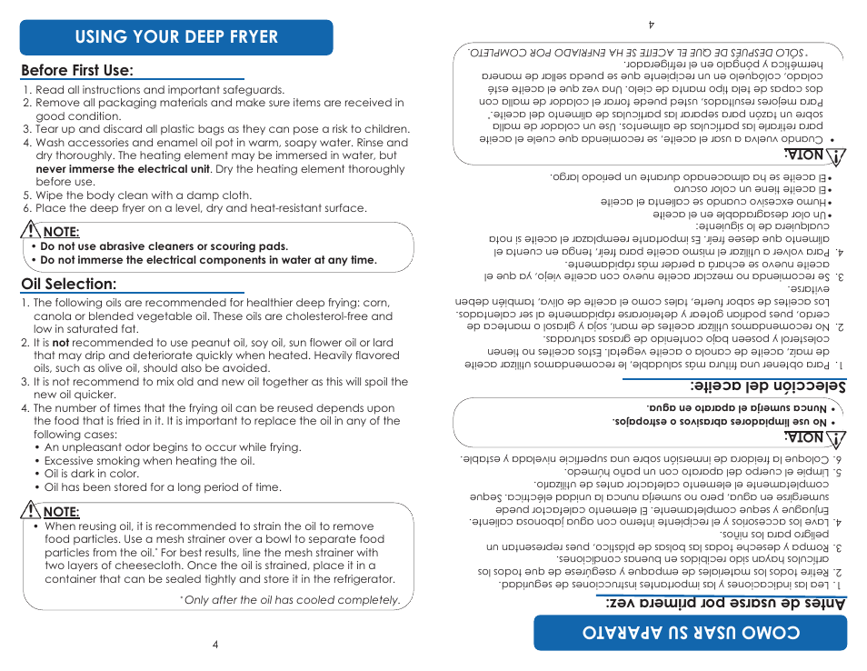 Using your deep fryer, Comousar suaparato, Before first use: oil selection | Aroma ADF-198 User Manual | Page 6 / 17