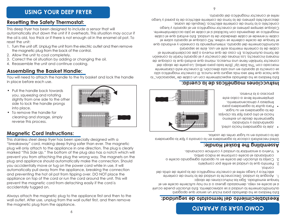 Using your deep fryer, Comousar suaparato, Assembling the basket handle | Instruccionesmagnéticas dela cuerda, Magnetic cord instructions, Assemblingthe baskethandle | Aroma ADF-198 User Manual | Page 8 / 17
