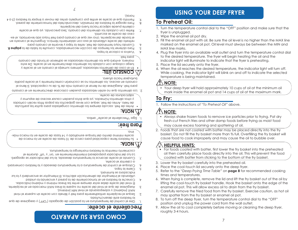 Using your deep fryer, Comousar suaparato, Parafreí r | Precalienteel aceite, Helpful hints, Co nse jo útil, No ta | Aroma ADF-198 User Manual | Page 9 / 17