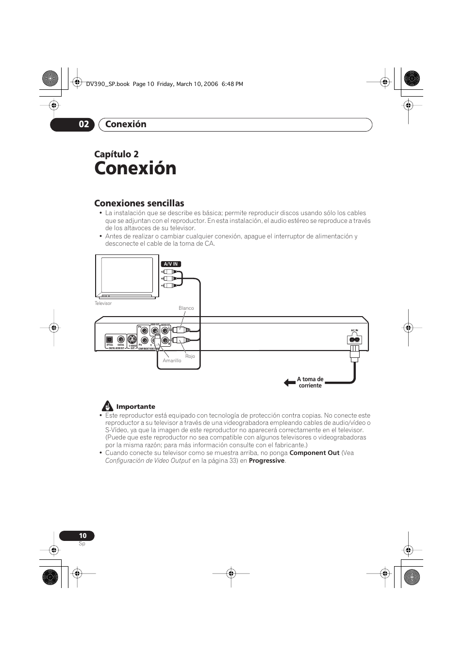 02 conexión, Conexiones sencillas, Conexión | Conexión 02, Capítulo 2 | Pioneer DV-393-S User Manual | Page 10 / 87