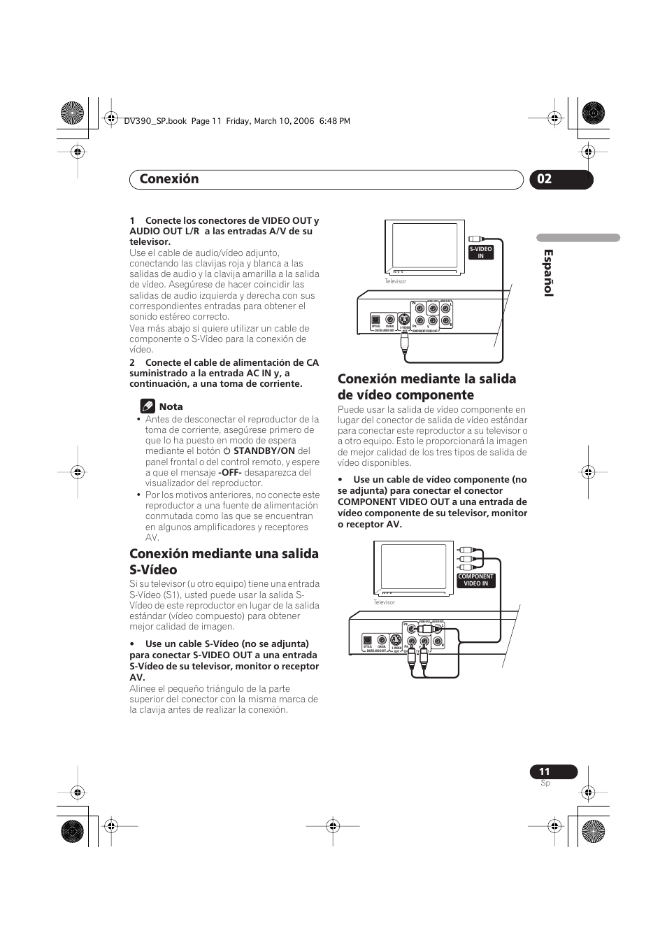 Conexión mediante una salida s-vídeo, Conexión mediante la salida de vídeo componente, Conexión 02 | Español | Pioneer DV-393-S User Manual | Page 11 / 87