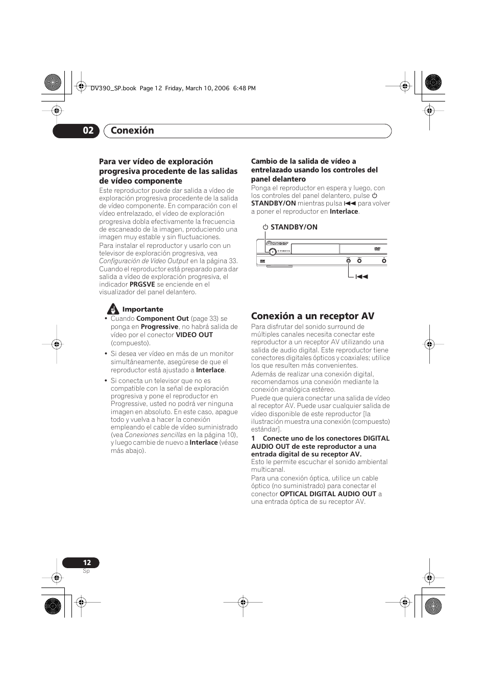 Conexión a un receptor av, Conexión 02 | Pioneer DV-393-S User Manual | Page 12 / 87