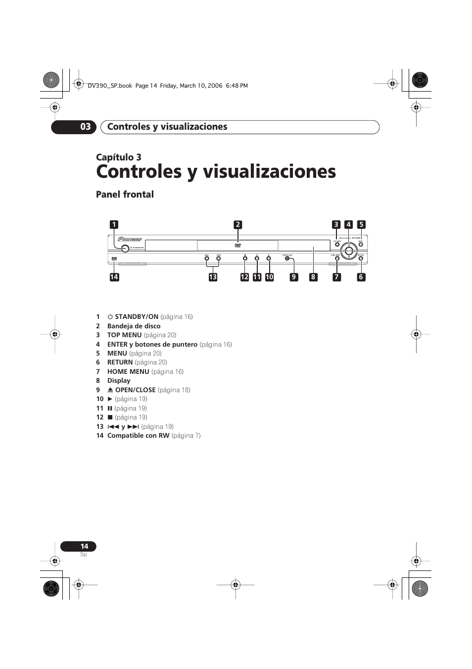 03 controles y visualizaciones, Panel frontal, Controles y visualizaciones | Controles y visualizaciones 03, Capítulo 3 | Pioneer DV-393-S User Manual | Page 14 / 87