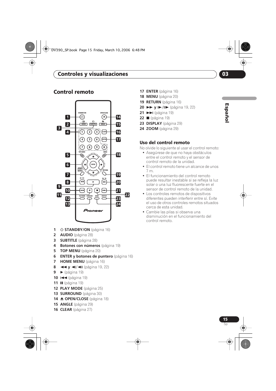 Control remoto, Controles y visualizaciones 03 | Pioneer DV-393-S User Manual | Page 15 / 87