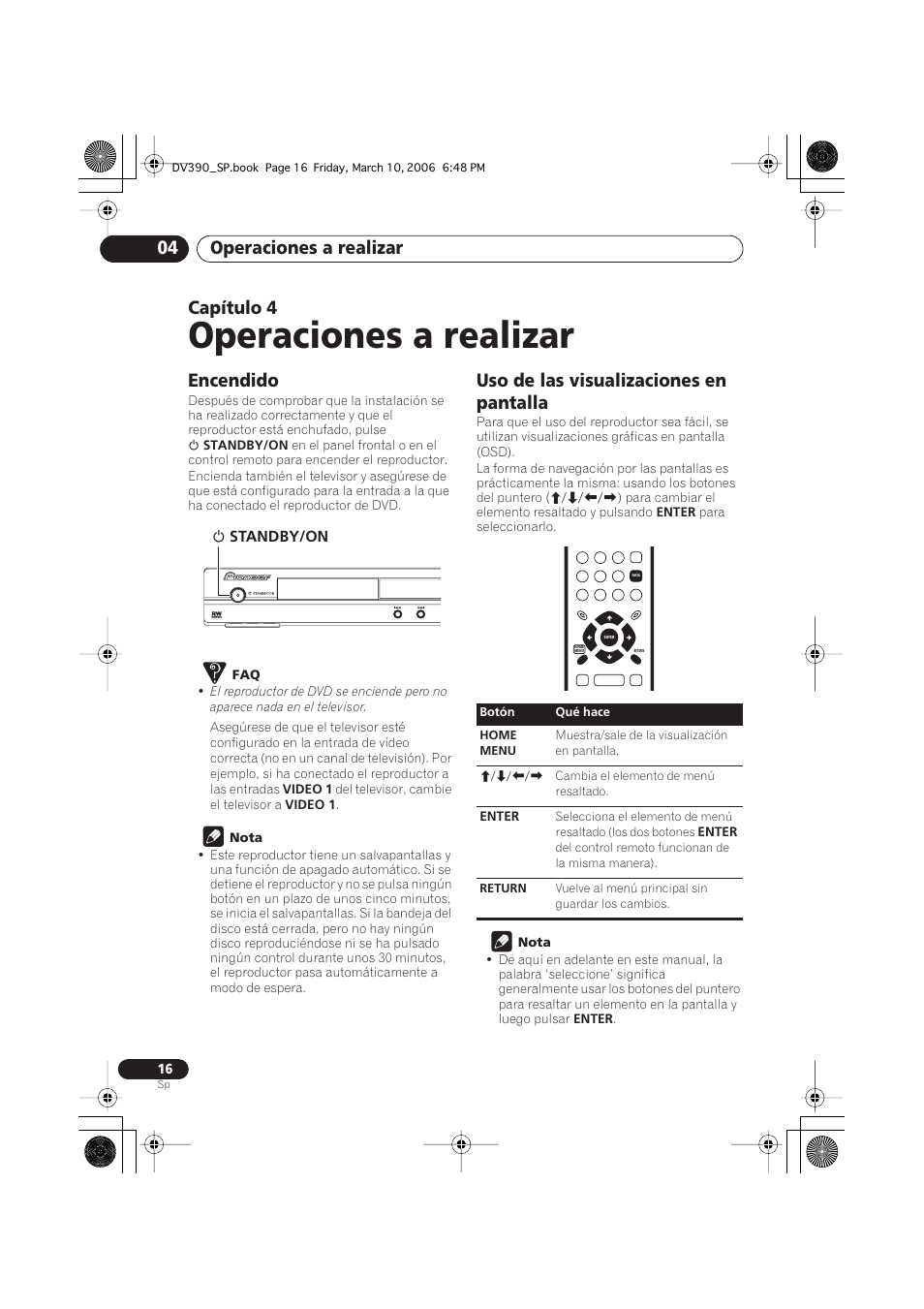 04 operaciones a realizar, Encendido, Uso de las visualizaciones en pantalla | Operaciones a realizar, Operaciones a realizar 04, Capítulo 4 | Pioneer DV-393-S User Manual | Page 16 / 87