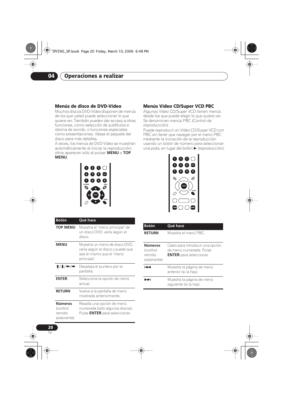 Operaciones a realizar 04, Menús de disco de dvd-vídeo, Menús vídeo cd/super vcd pbc | Pioneer DV-393-S User Manual | Page 20 / 87