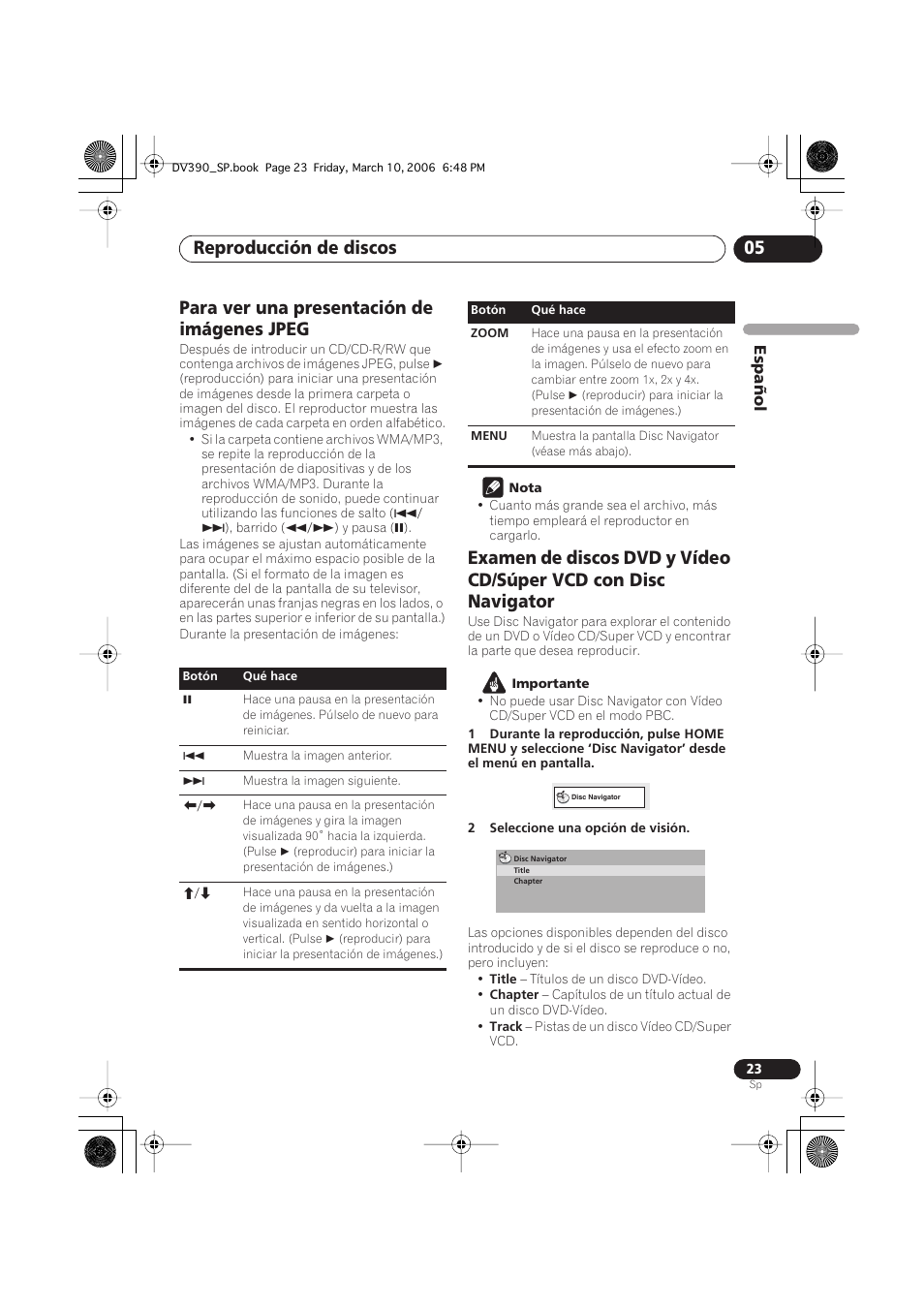 Para ver una presentación de imágenes jpeg, Reproducción de discos 05 | Pioneer DV-393-S User Manual | Page 23 / 87