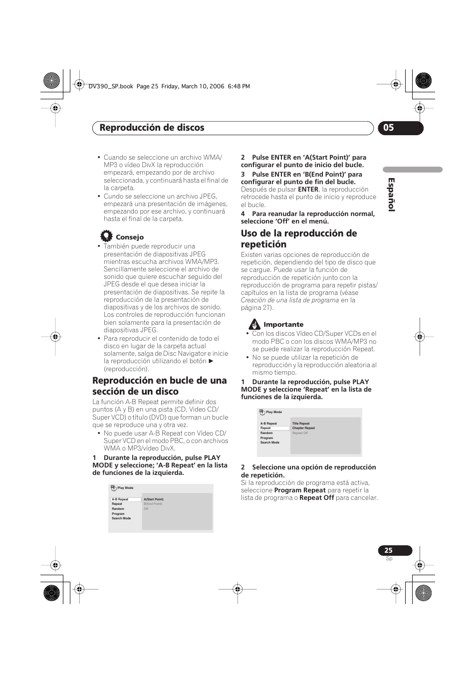 Reproducción en bucle de una sección de un disco, Uso de la reproducción de repetición, Reproducción de discos 05 | Español | Pioneer DV-393-S User Manual | Page 25 / 87