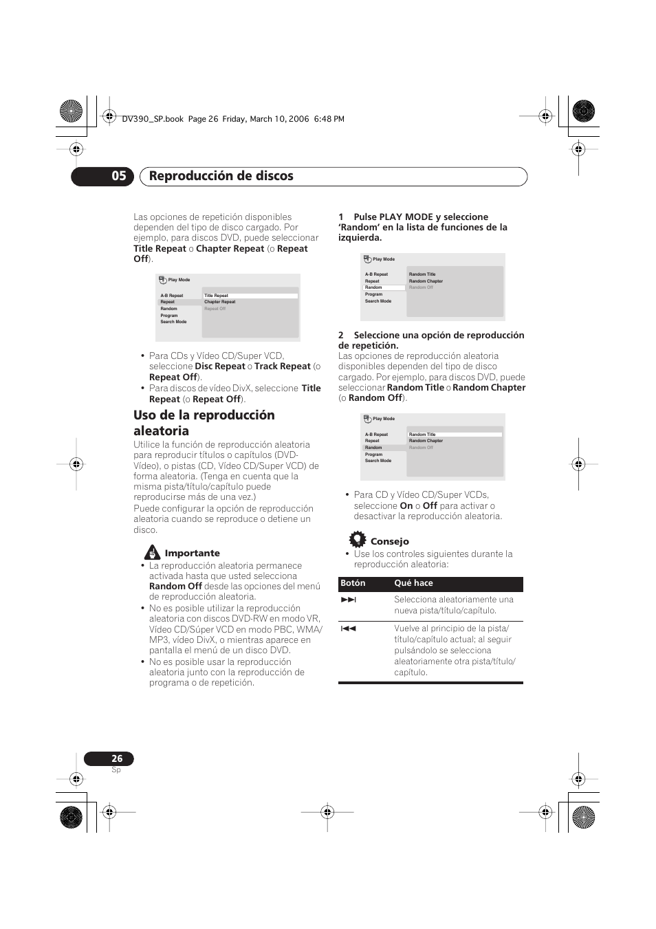 Uso de la reproducción aleatoria, Reproducción de discos 05 | Pioneer DV-393-S User Manual | Page 26 / 87