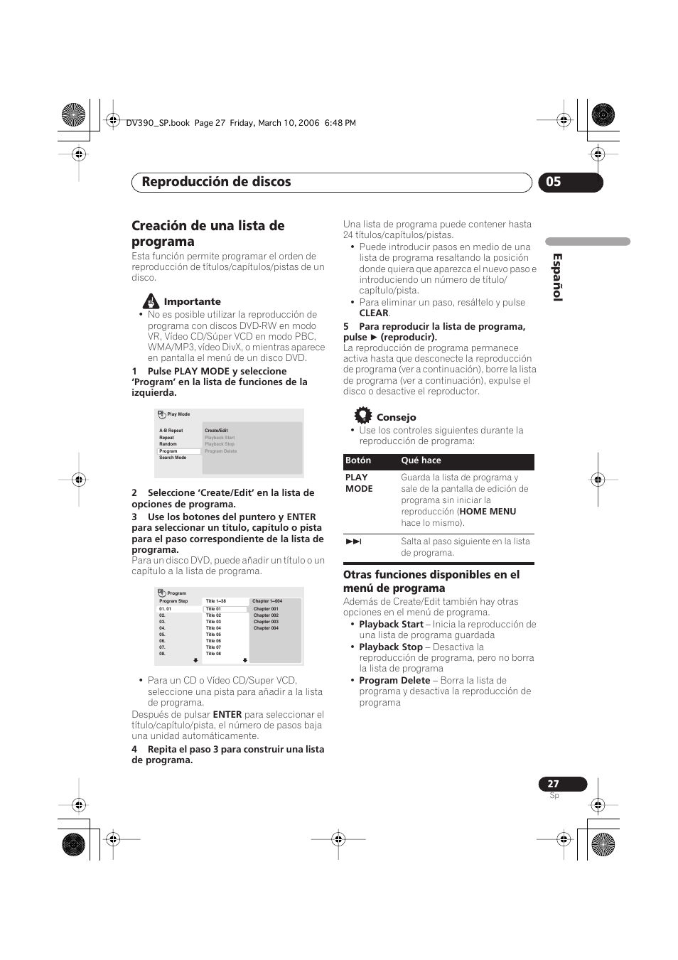 Creación de una lista de programa, Reproducción de discos 05, Español | Otras funciones disponibles en el menú de programa | Pioneer DV-393-S User Manual | Page 27 / 87