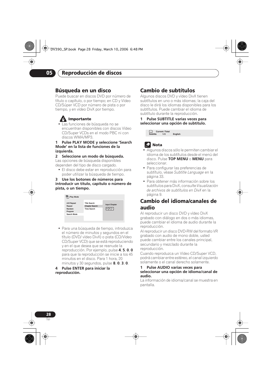 Búsqueda en un disco, Cambio de subtítulos, Cambio del idioma/canales de audio | Reproducción de discos 05 | Pioneer DV-393-S User Manual | Page 28 / 87