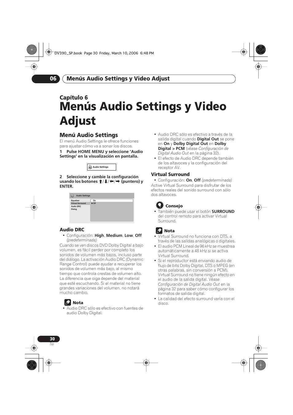 06 menús audio settings y video adjust, Menú audio settings, Menús audio settings y video adjust | Menús audio settings y video adjust 06, Capítulo 6 | Pioneer DV-393-S User Manual | Page 30 / 87