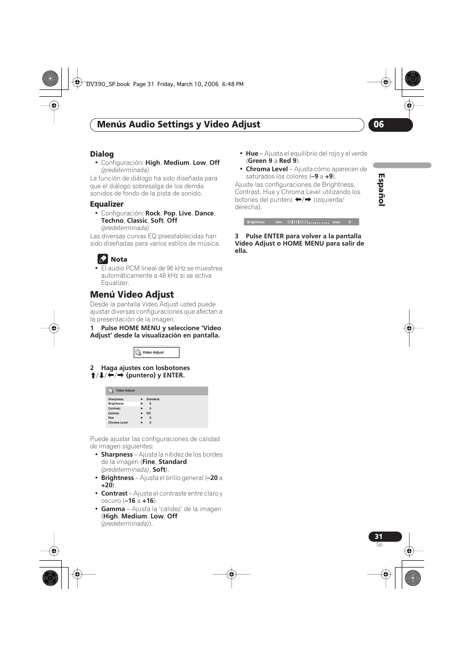 Menú video adjust, Menús audio settings y video adjust 06 | Pioneer DV-393-S User Manual | Page 31 / 87