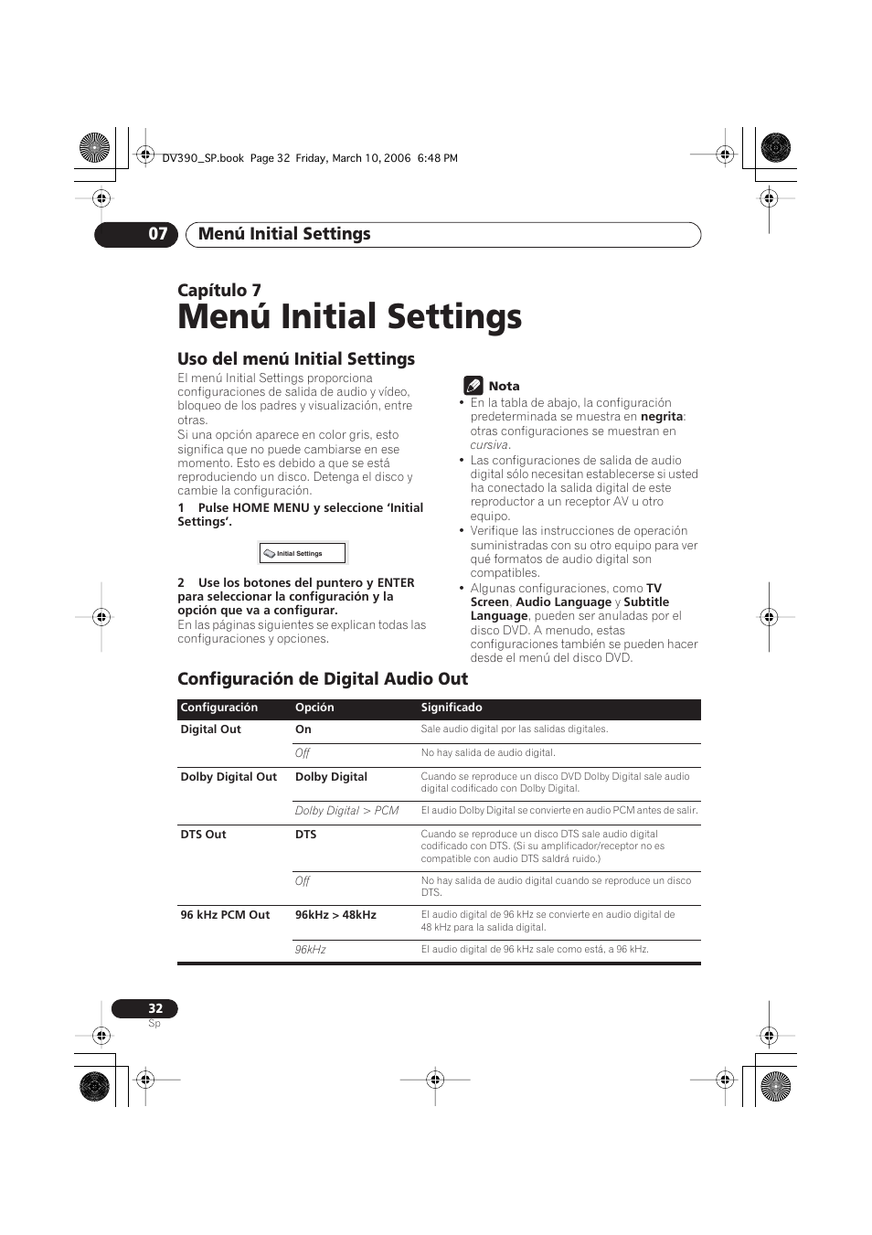 07 menú initial settings, Uso del menú initial settings, Configuración de digital audio out | Menú initial settings, Menú initial settings 07, Capítulo 7 | Pioneer DV-393-S User Manual | Page 32 / 87