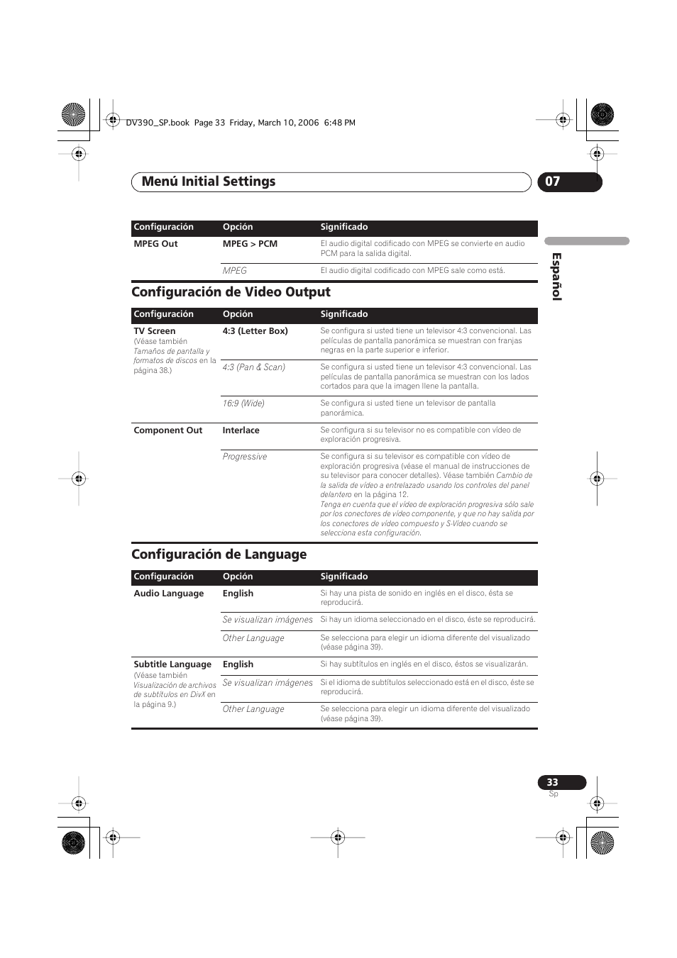 Configuración de video output, Configuración de language, Menú initial settings 07 | Español | Pioneer DV-393-S User Manual | Page 33 / 87